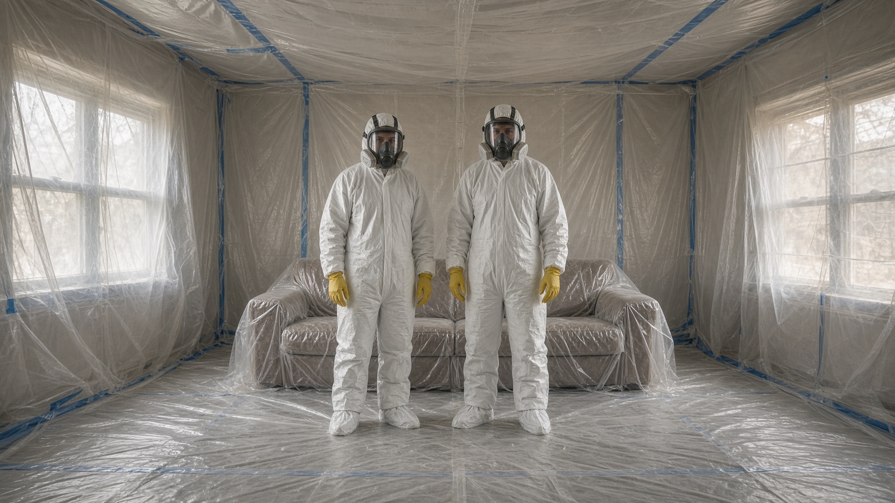 Two fully suited technicians working inside a house sealed in plastic containment.